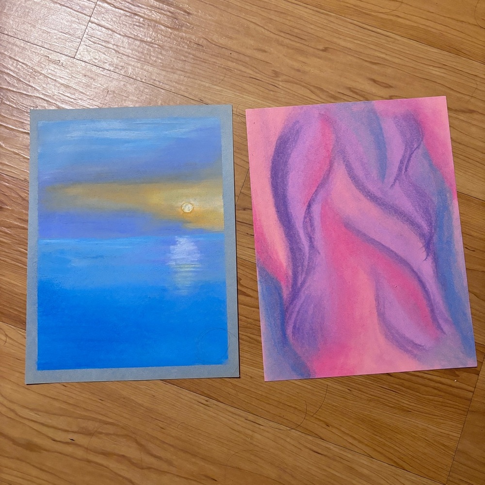 Set of 2 Pastel Paintings on Paper Sunset and Waves